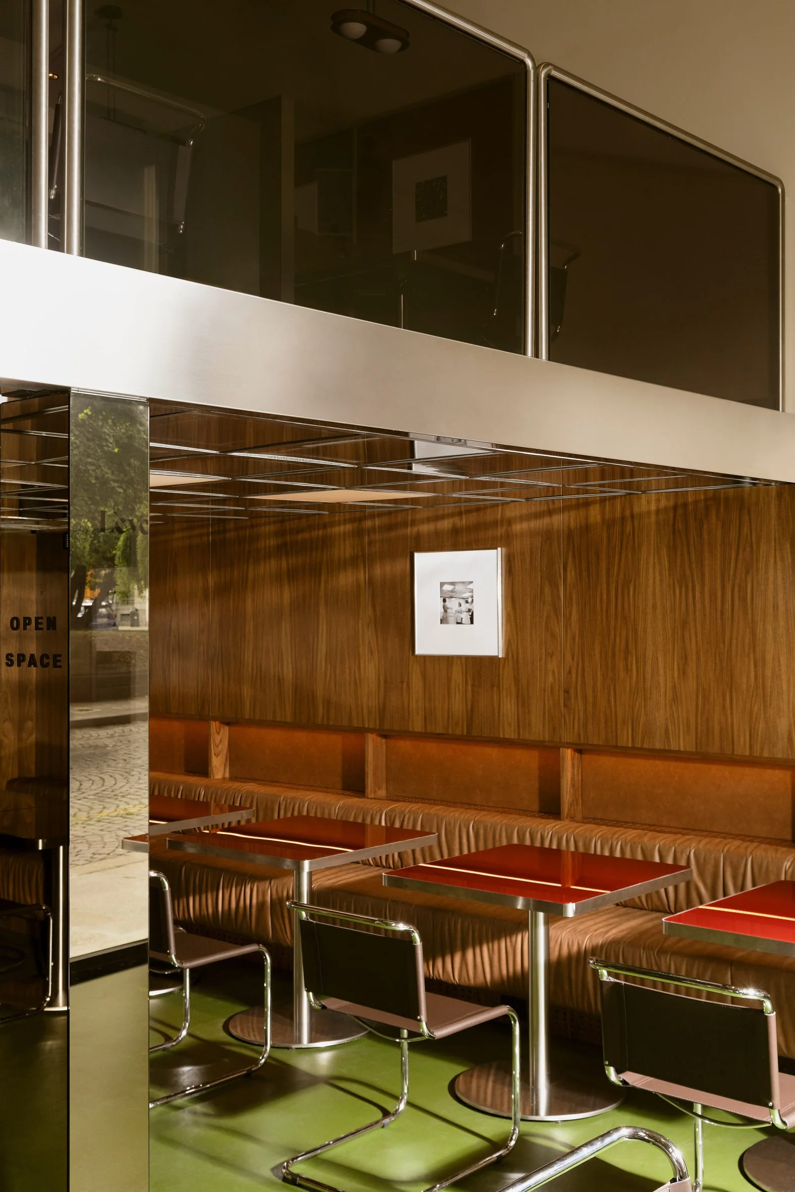 Seating area beneath mezzanine